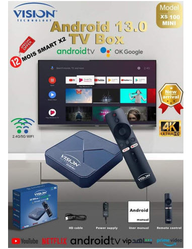 TV box Vision XS 100 mini Android 13 officiel 2Gb ram 16Gb rom + 12 mois smart x2