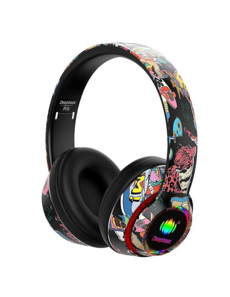 Deep Bass Casque stéréo Bluetooth V5 pliable avec graffiti lumineux RGB input sans fil R9 Noir