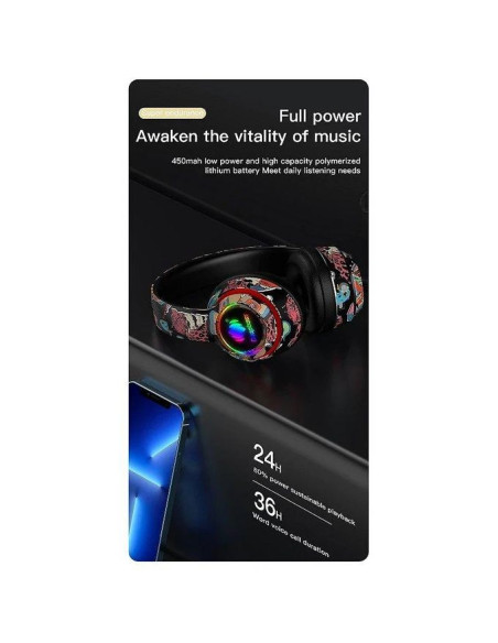 Deep Bass Casque stéréo Bluetooth V5 pliable avec graffiti lumineux RGB input sans fil R9 Noir