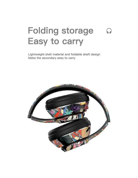 Deep Bass Casque stéréo Bluetooth V5 pliable avec graffiti lumineux RGB input sans fil R9 Noir