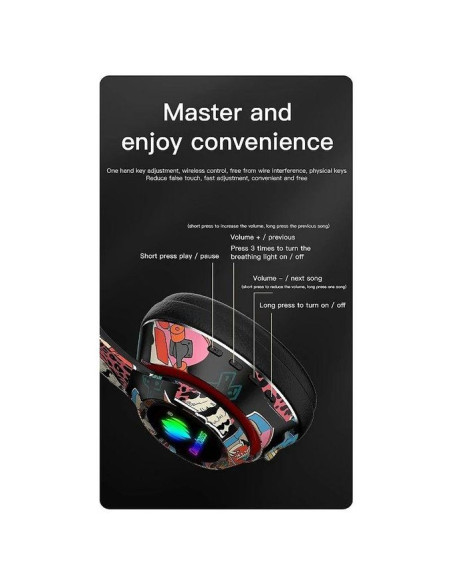 Deep Bass Casque stéréo Bluetooth V5 pliable avec graffiti lumineux RGB input sans fil R9 Noir