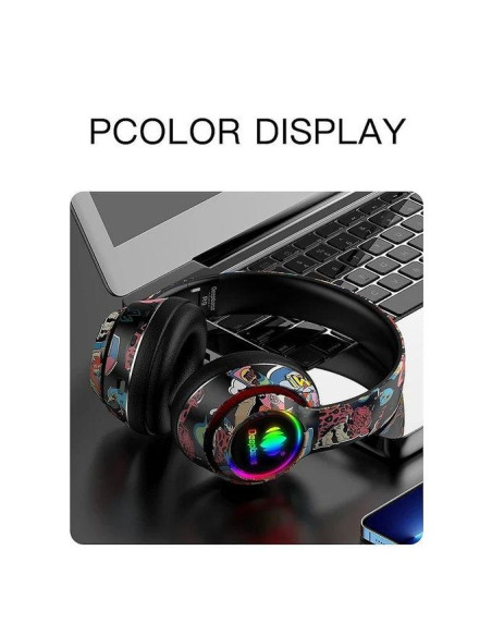 Deep Bass Casque stéréo Bluetooth V5 pliable avec graffiti lumineux RGB input sans fil R9 Noir